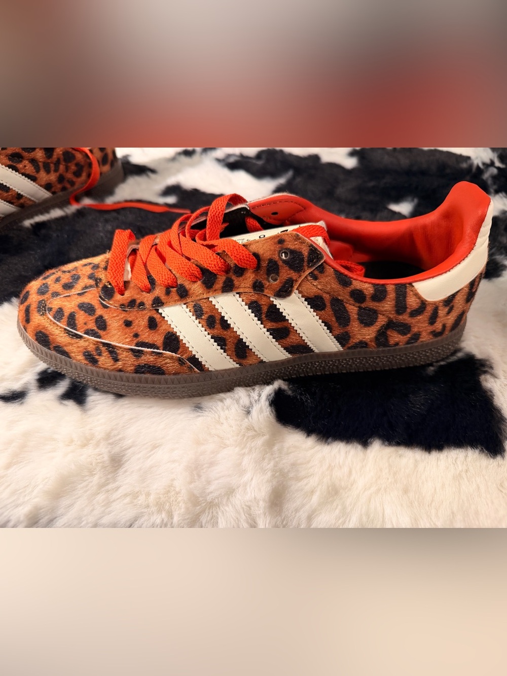 adidas Kids Leopard Print Sneakers with White Stripes and Red Accents